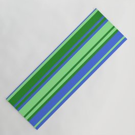 [ Thumbnail: Forest Green, Royal Blue & Light Green Colored Striped Pattern Yoga Mat ]