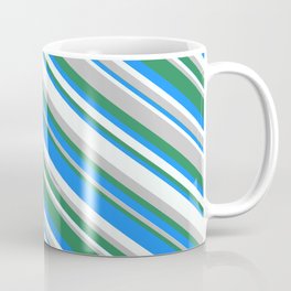 [ Thumbnail: Blue, Mint Cream, Grey, and Sea Green Colored Pattern of Stripes Coffee Mug ]