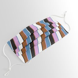 [ Thumbnail: Vibrant Brown, Plum, Blue, White, and Black Colored Lined/Striped Pattern Face Mask ]