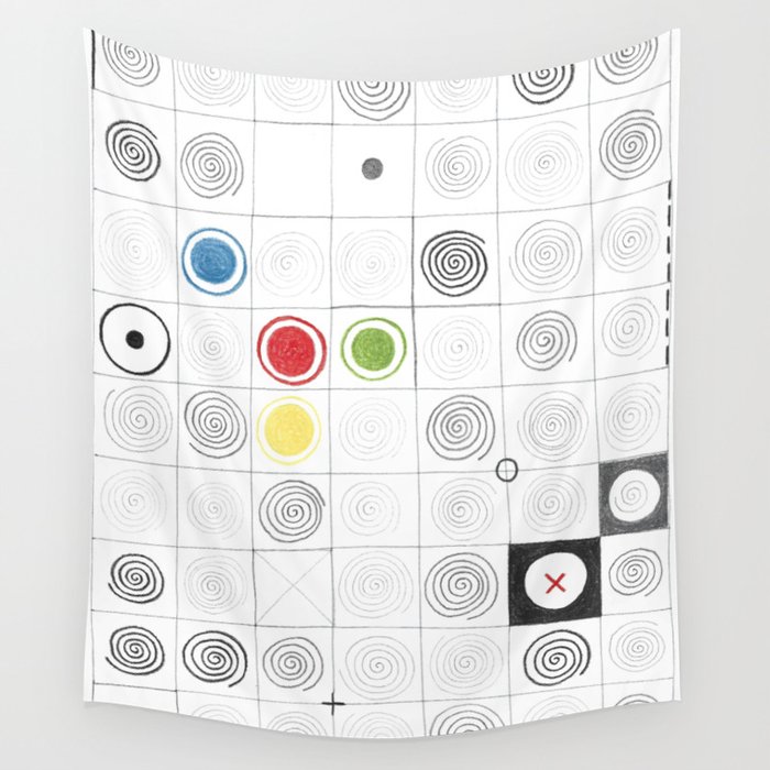 Abstract geometric white minimalist grid colored pencil original drawing of mysterious spirals. Wall Tapestry