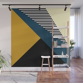 Striped, Abstract, Geometric Art, Blue, Yellow and Black Wall Mural