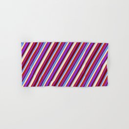 [ Thumbnail: Eye-catching Bisque, Red, Purple, Maroon, and Cornflower Blue Colored Lines Pattern Hand & Bath Towel ]