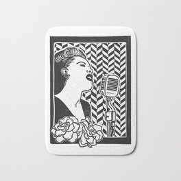 Lady Day (Billie Holiday block print blk) Bath Mat | Blockprint, Reliefprint, Singer, Vintage, Billieholiday, Music, Carved, Linocut, Acrylic, Ladysingstheblues 