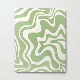 Retro Liquid Swirl Abstract Pattern in Light Sage Green and Cream Metal Print