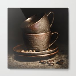 coffee cups and beans on rustic table Metal Print | Vintage, Photo, Dark, Food, Coffee, Cups 