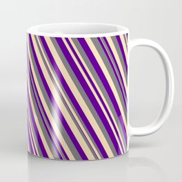 [ Thumbnail: Indigo, Dim Grey, and Tan Colored Lined Pattern Coffee Mug ]