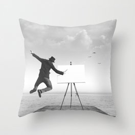surreal black and white art painter drawing on a canvas Throw Pillow