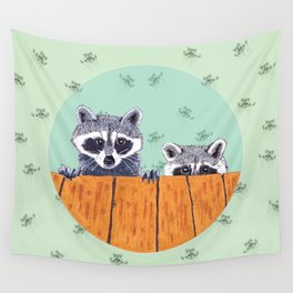Peeking Raccoons #3 Pastel Green Wall Tapestry