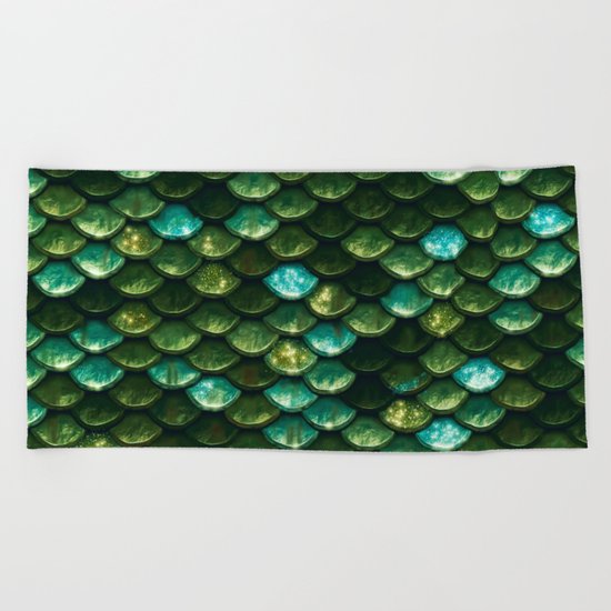 Aqua and green sparkling mermaid glitter scales- Mermaidscales Beach Towel