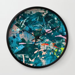 A Cause for Celebration: a colorful abstract design in blue, tan, and neon green by Alyssa Hamilton Art Wall Clock