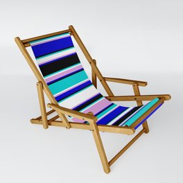 [ Thumbnail: Eye-catching Dark Turquoise, White, Plum, Blue & Black Colored Lined/Striped Pattern Sling Chair ]
