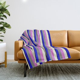 [ Thumbnail: Vibrant Black, Blue, Grey, Orchid, and Beige Colored Striped/Lined Pattern Throw Blanket ]