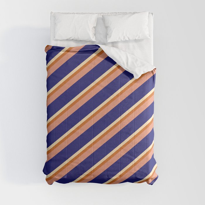 Beige, Chocolate, Dark Salmon, and Midnight Blue Colored Pattern of Stripes Comforter
