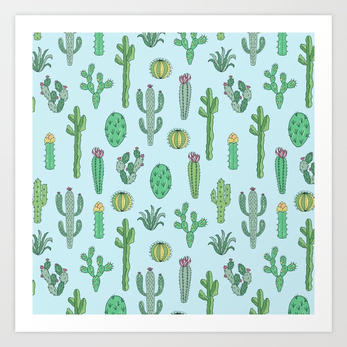 Cactus Pattern Light Blue Art Print