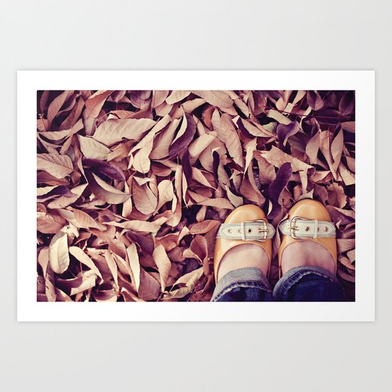 yellow shoes, fall leaves Art Print