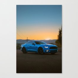 Blue Mustang Front During Sunset Canvas Print