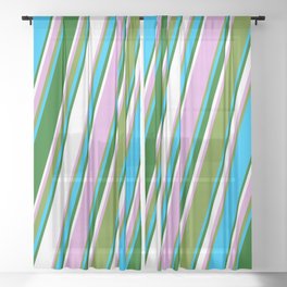 [ Thumbnail: Eye-catching Plum, Green, Deep Sky Blue, Dark Green, and White Colored Lined/Striped Pattern Sheer Curtain ]