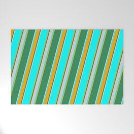 [ Thumbnail: Cyan, Orange, Sea Green, and Light Grey Colored Lined Pattern Welcome Mat ]