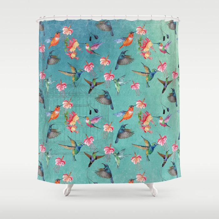 Vintage Watercolor hummingbirds and fuchsia flowers Shower Curtain