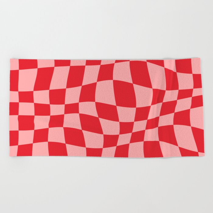 Warped Checkered Pattern (red/pink) Beach Towel