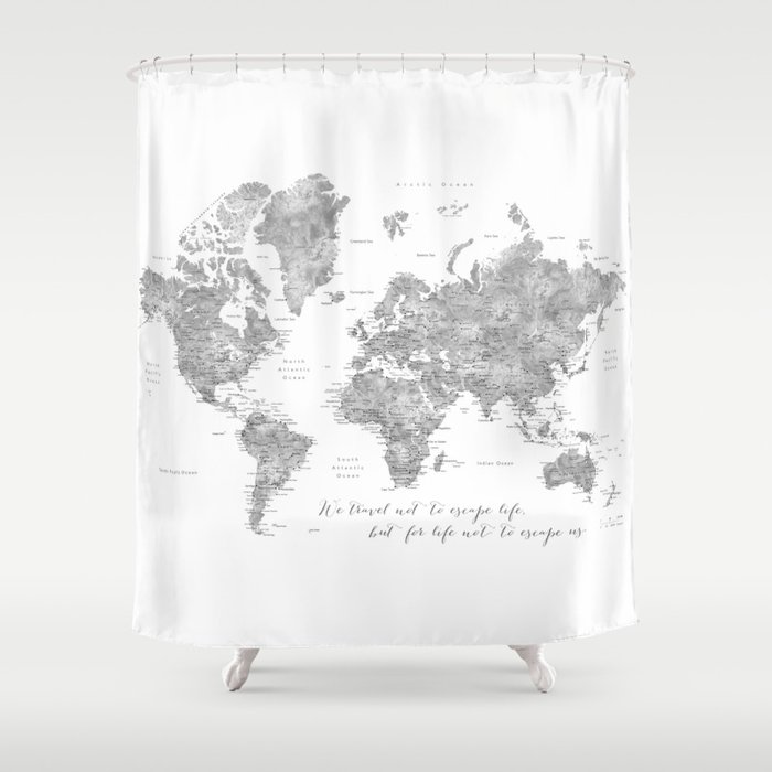 Grayscale World Map Shower Curtain, Black And White Map Shower Curtain