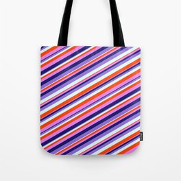 [ Thumbnail: Colorful Red, Violet, Midnight Blue, Purple, and Light Cyan Colored Lined Pattern Tote Bag ]