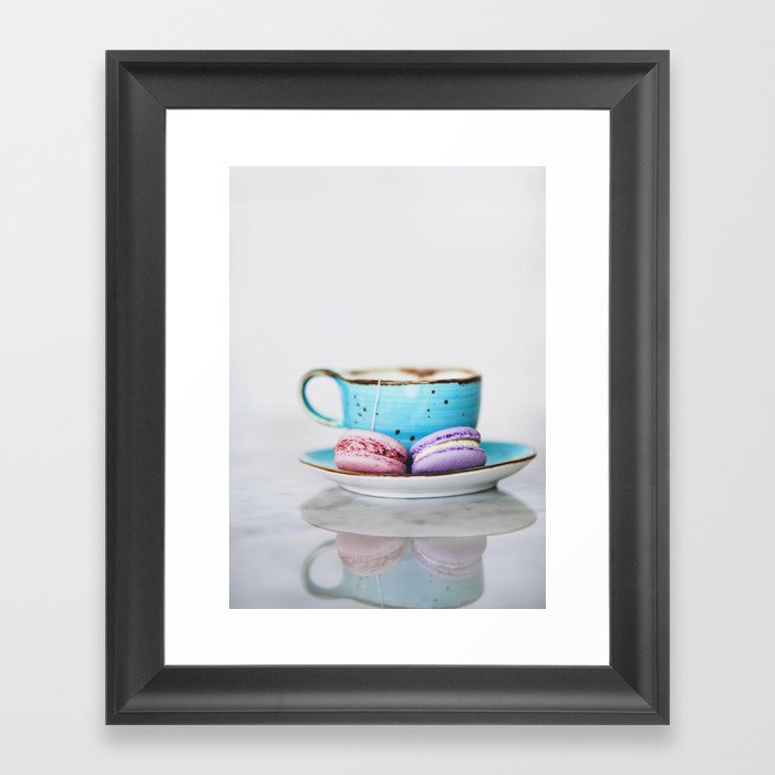  French macarons with tea Framed Art Print