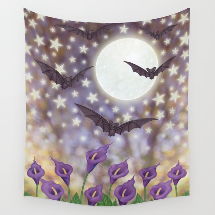 the moon, stars, bats, & calla lilies Wall Tapestry