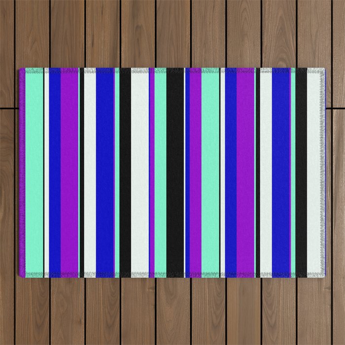 Dark Violet, Aquamarine, Black, Mint Cream & Blue Colored Pattern of Stripes Outdoor Rug