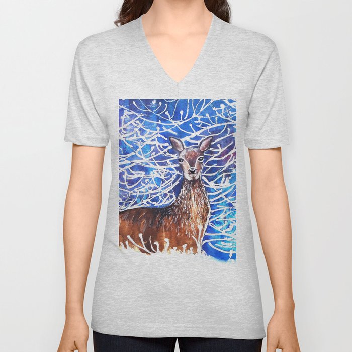 Deer in the Snow V Neck T Shirt