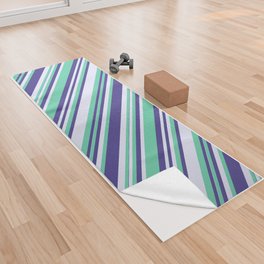 [ Thumbnail: Aquamarine, Lavender & Dark Slate Blue Colored Lined/Striped Pattern Yoga Towel ]
