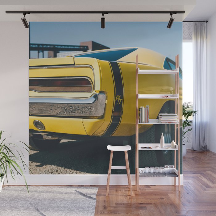 Vintage American Classic Muscle car Charger RT yellow automobile transporation color photograph / photography poster posters Wall Mural