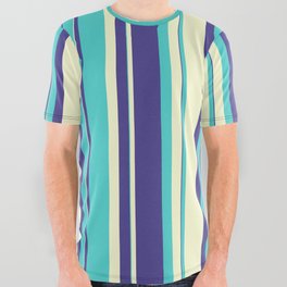 [ Thumbnail: Dark Slate Blue, Turquoise & Light Yellow Colored Striped/Lined Pattern All Over Graphic Tee ]