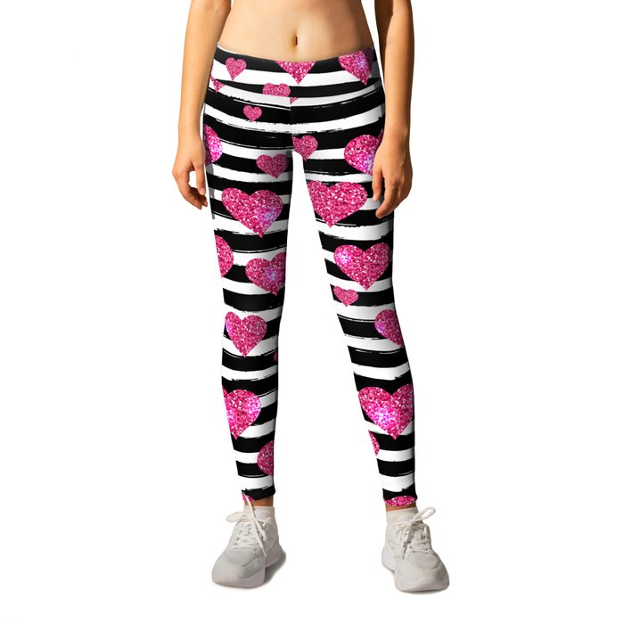 Black Stripes and Pink Hearts | Glitter Chic Pattern 09 Leggings