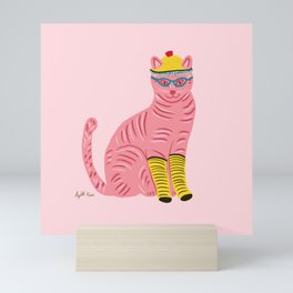 Pink cat with yellow socks  Mini Art Print