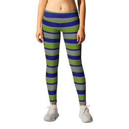 Midnight Blue, Grey & Green Colored Lines/Stripes Pattern Leggings