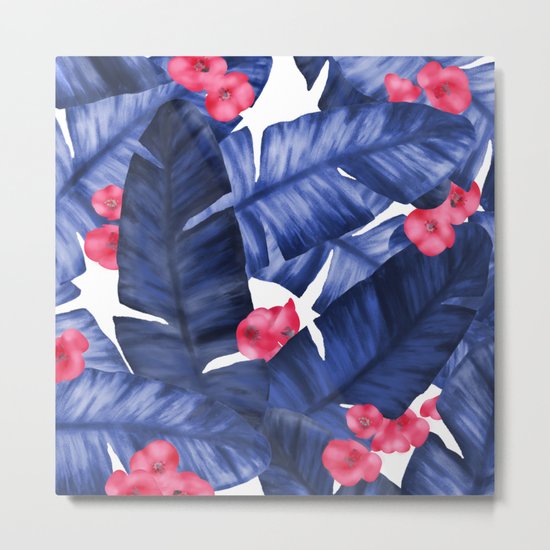 Tropical Banana Leaves With Flower Pattern Metal Print