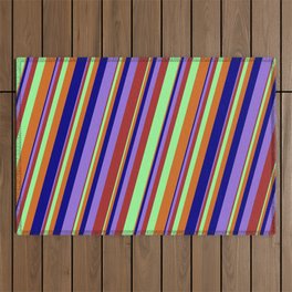[ Thumbnail: Colorful Brown, Green, Chocolate, Blue, and Purple Colored Lined Pattern Outdoor Rug ]