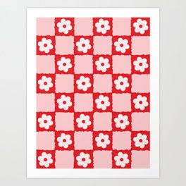 Retro Daisy Flower Checker in Red Art Print