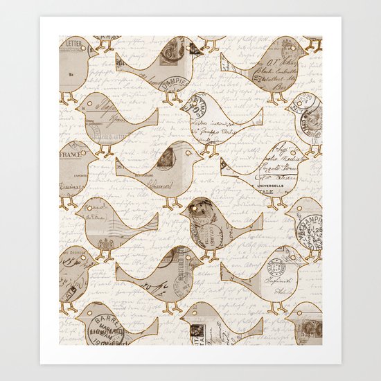 old letter pattern vintage birds art Art Print