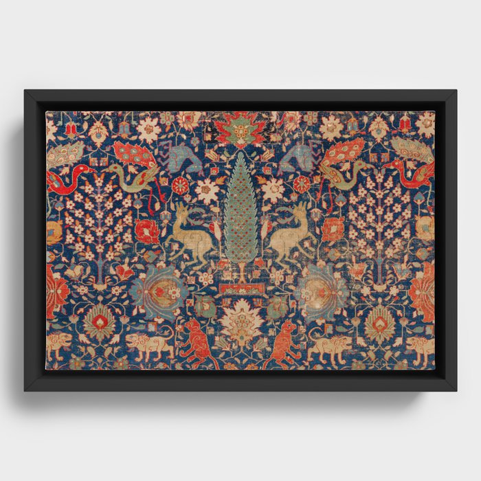 17th Century Persian Rug Print with Animals Framed Canvas