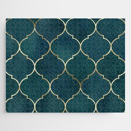 Emerald Golden Moroccan Quatrefoil Pattern II Jigsaw Puzzle