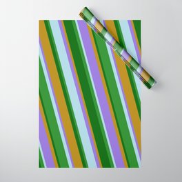 [ Thumbnail: Eye-catching Dark Goldenrod, Purple, Light Blue, Forest Green, and Dark Green Colored Lined Pattern Wrapping Paper ]