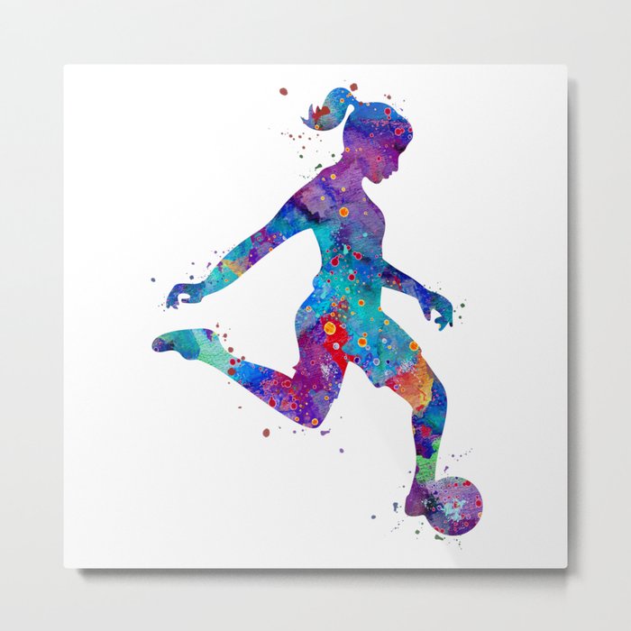 Soccer Girl Player Watercolor Art Gift Sports Art Metal Print
