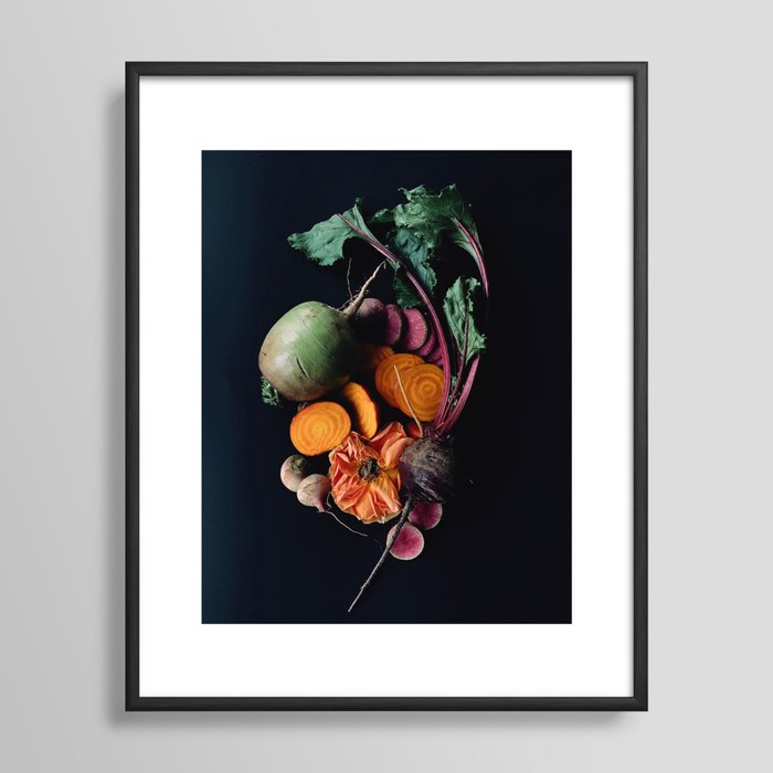 Moody Root Vegetables and Rose Framed Art Print