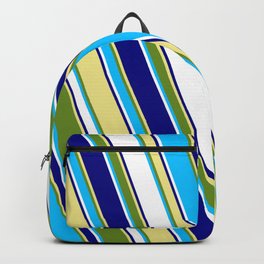 [ Thumbnail: Eyecatching Green, Deep Sky Blue, White, Blue, and Tan Colored Stripes/Lines Pattern Backpack ]