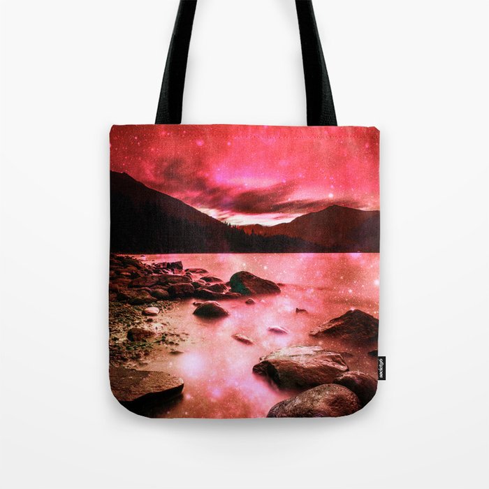 Magical Mountain Lake Red Tote Bag