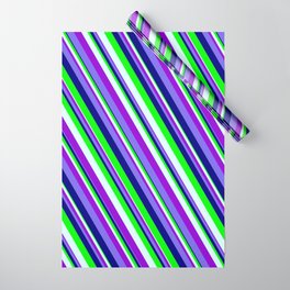 [ Thumbnail: Colorful Light Cyan, Dark Violet, Medium Slate Blue, Blue & Lime Colored Lined Pattern Wrapping Paper ]