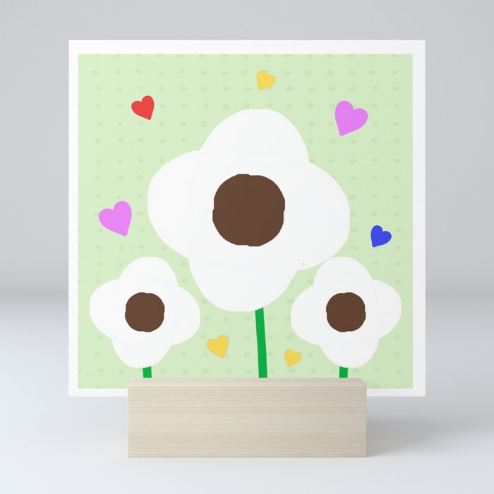 Sweet White Flowers & Hearts On Green Mini Art Print