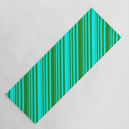 [ Thumbnail: Cyan and Forest Green Colored Lined/Striped Pattern Yoga Mat ]